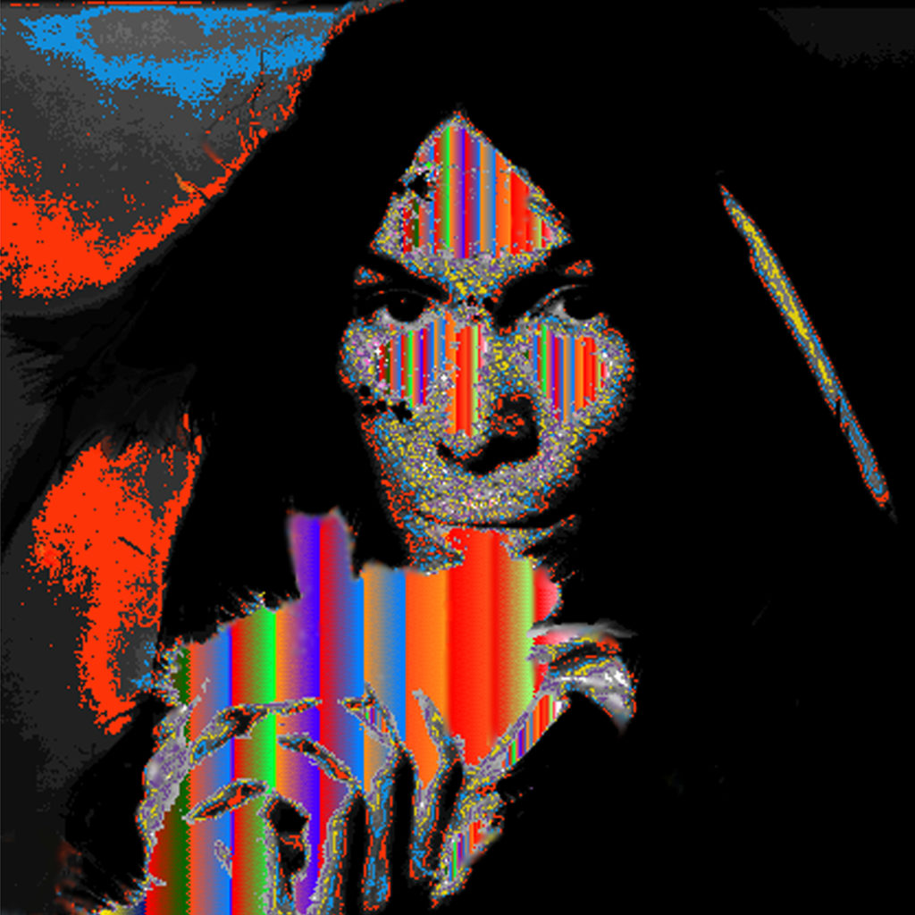A digital portrait of Buffy Sainte-Marie with multi color stripes integrated into her face.