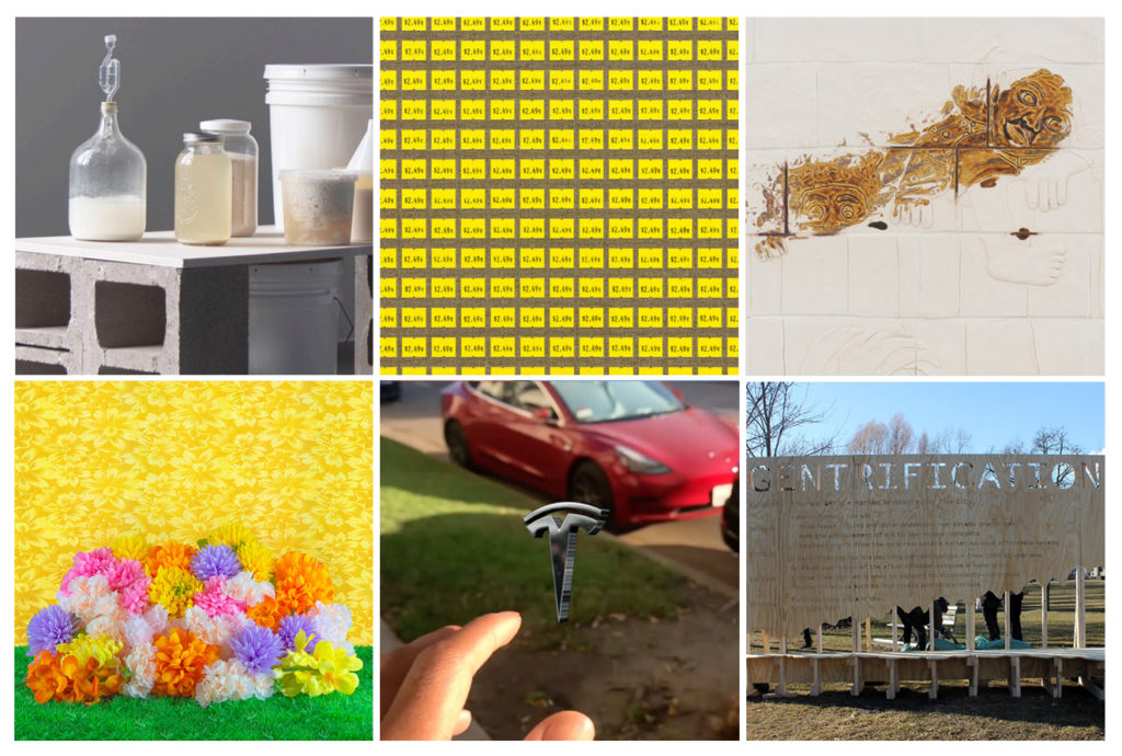 A grid of six images showcasing each of the exhibiting artists' work. Clockwise from left: TJ Shin's Universal Skin Salvation 2.0, Sean Weisgerber's Price Per Square Inch, Patrice Renee Washington's Smear Campaign, Shellie Zhang's Means of Exchange, Chester Vincent Toye's Tesla Toucher, and GTA Collective's installation.